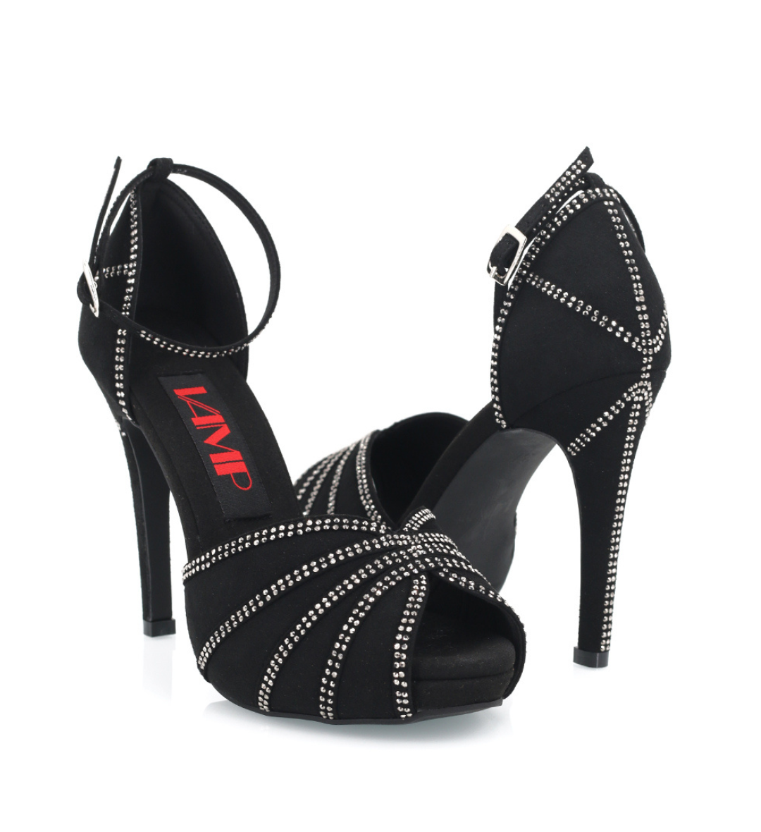 Back view of FATALE heel showing rhinestone-embellished heel cup
