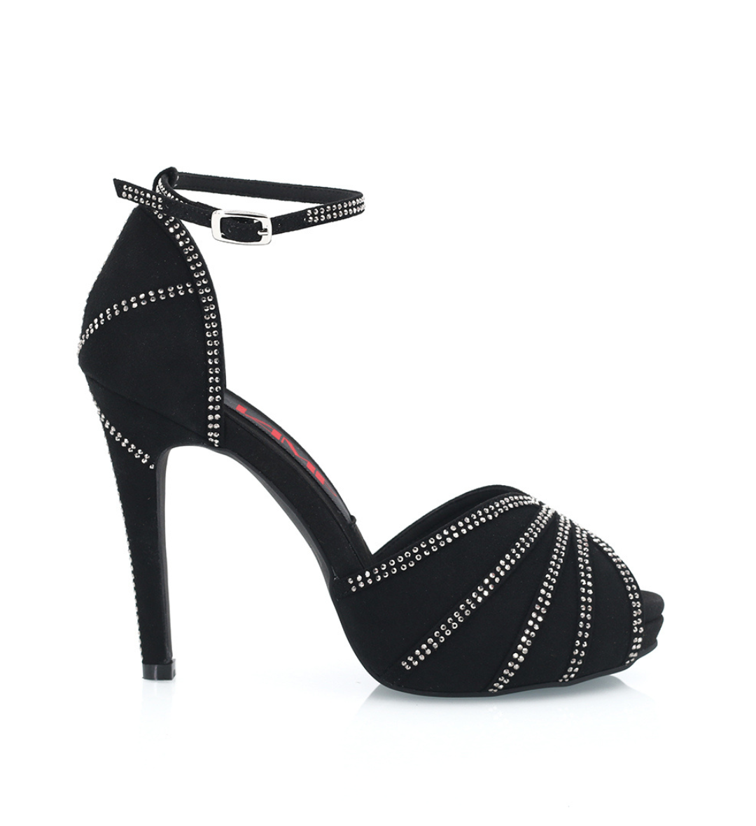Side profile of FATALE showing 4.5 inch stiletto heel and silver crystal detail