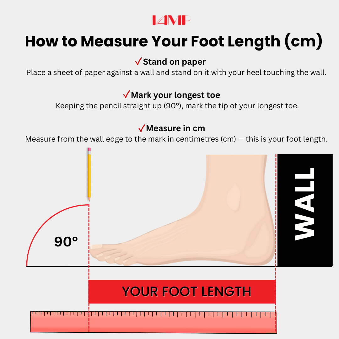 Instructions on how to measure foot length with a diagram and text.
