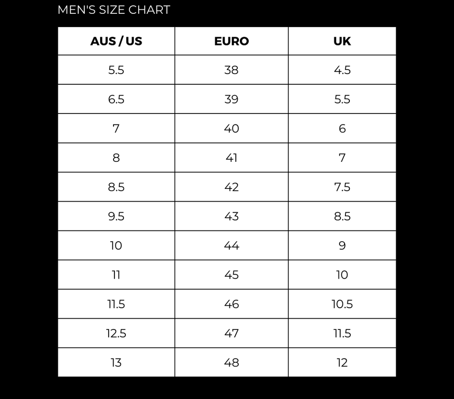 Men's shoe size guide australia clearance