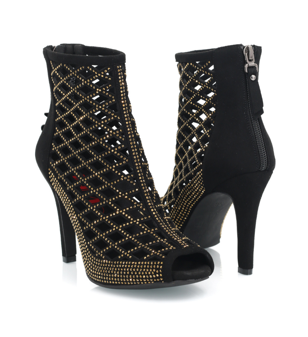  Pair of NOIR — black vegan suede caged ankle booties with gold rhinestones
