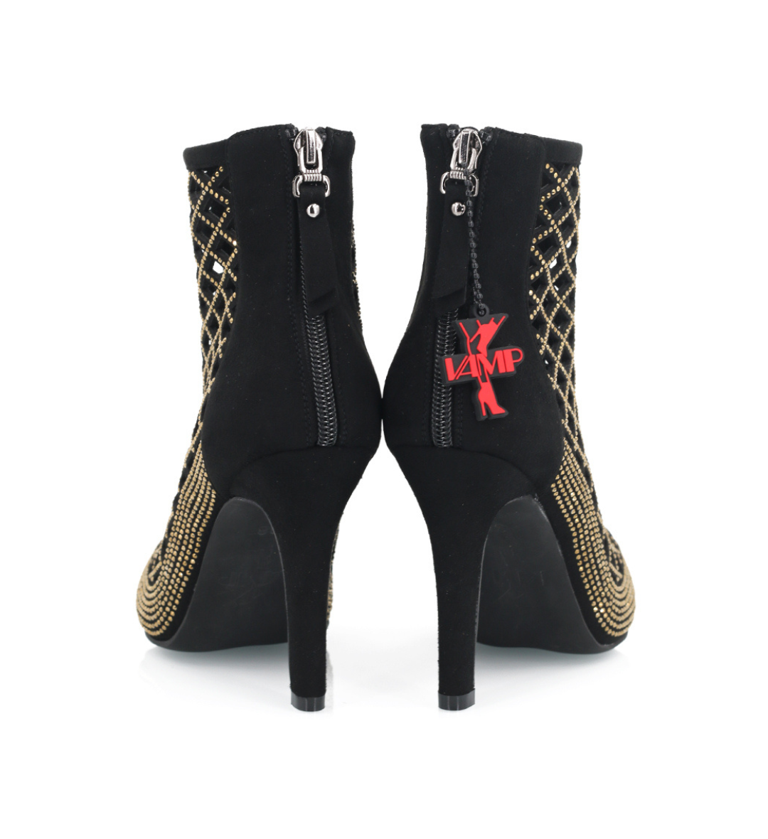 Back view of NOIR ankle bootie with zip closure and red VAMP charm pull