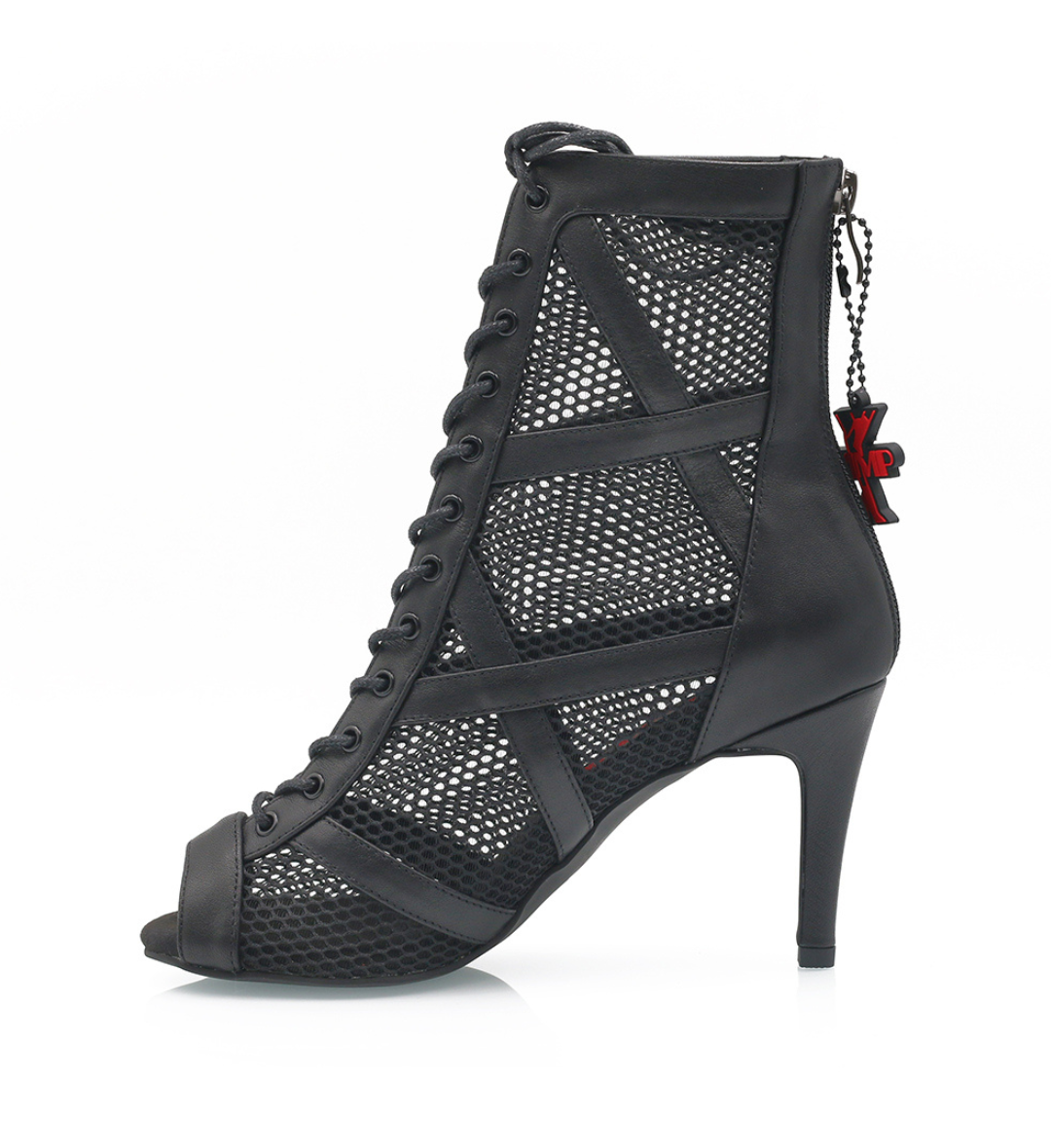 Vanquish 3.5 black leather and mesh dance heels with 3.5 inch stiletto and lace-up front, side profile