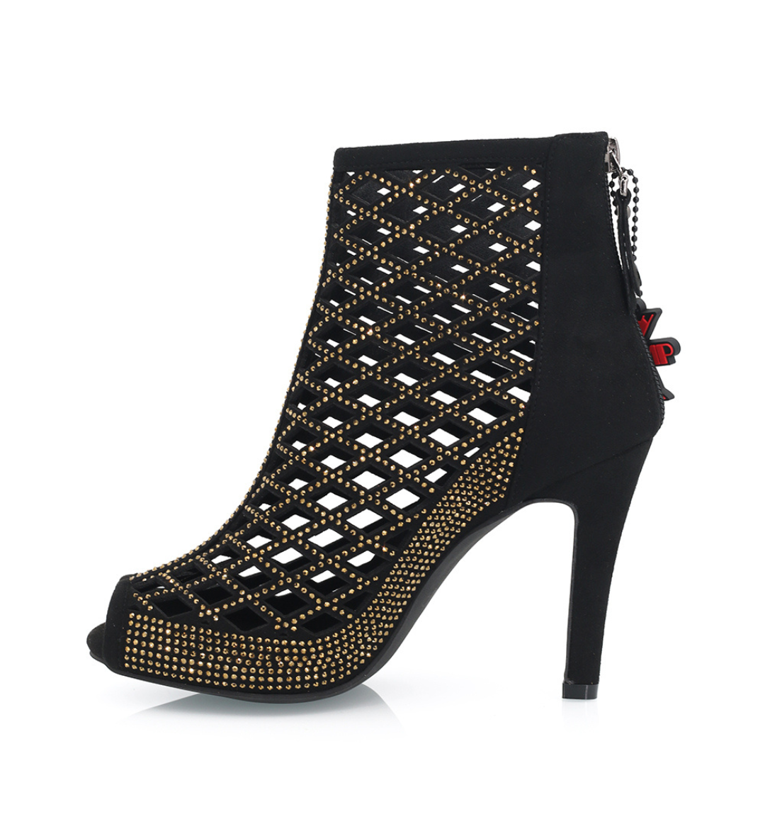 Close-up of NOIR diamond cage construction with hand-set gold rhinestones